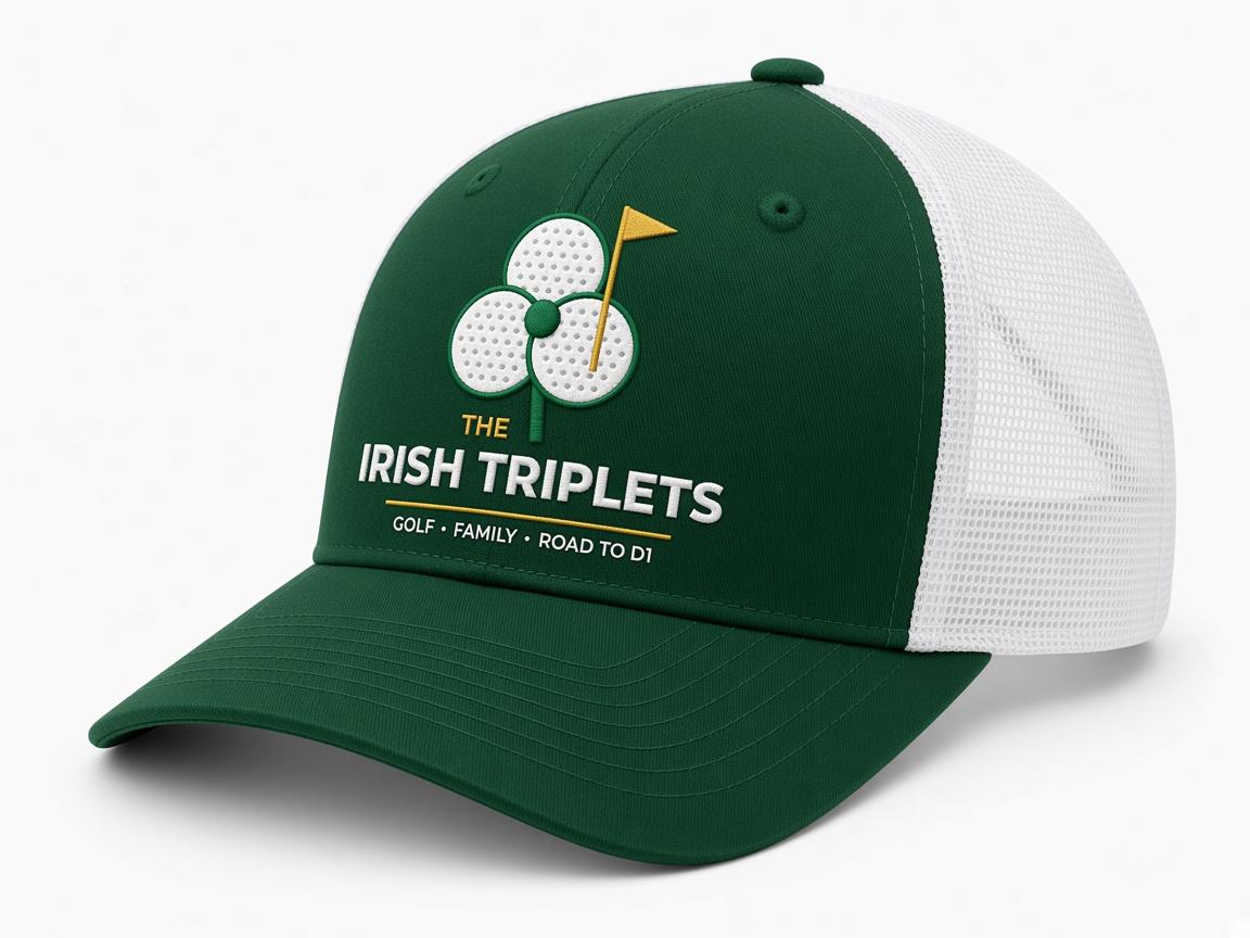 Green and white mesh trucker hat with the family logo